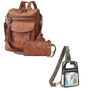Backpack Purse for Women + Clear Bag Stadium Approved Brown&Black☺️